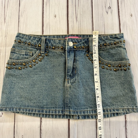 Edikted Studded Denim Mini Skirt Y2K Low Rise Blue Jean Festival Size S - Picture 6 of 8